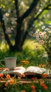 Morning leisure in garden coffee, book, flowers on lush lawn