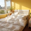 Morning light bathes a white bed in a serene yellow bedroom