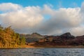 Morning light at Blea Tarn in the English Lake District with views of the Langdale Pikes, and Side Pike during autumn Royalty Free Stock Photo