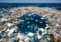 Floating garbage patch drifting across vast ocean waters.AI Generated Royalty Free Stock Photo