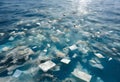 Floating garbage patch drifting across vast ocean waters.AI Generated Royalty Free Stock Photo