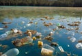 Floating garbage patch drifting across vast ocean waters.AI Generated Royalty Free Stock Photo