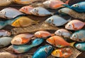 Vibrant, diverse fish displayed on nets and wood. AI Generated Royalty Free Stock Photo