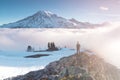 Morning light high above the cloud layer on Mount Rainier. Beautiful Paradise area, Washington state, USA. Royalty Free Stock Photo