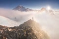 Morning light high above the cloud layer on Mount Rainier. Beautiful Paradise area, Washington state, USA. Royalty Free Stock Photo