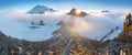 Morning light high above the cloud layer on Mount Rainier. Beautiful Paradise area, Washington state, USA. Royalty Free Stock Photo