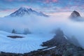 Morning light high above the cloud layer on Mount Rainier. Beautiful Paradise area, Washington state, USA. Royalty Free Stock Photo