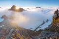 Morning light high above the cloud layer on Mount Rainier. Beautiful Paradise area, Washington state, USA. Royalty Free Stock Photo