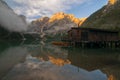 Morning light on Lago di Braies, Dolomites, Italy Royalty Free Stock Photo