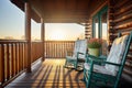 morning light on log cabin balcony with rocking chairs Royalty Free Stock Photo