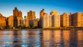 Morning light on the Manhattan skyline, seen from Roosevelt Island, New York. Royalty Free Stock Photo