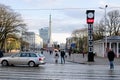 Riga, Latvia, November 2019. Clock `Laima` and a view of the square.