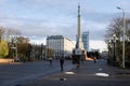 Riga, Latvia, November 2019. Early morning in the square at the Freedom Monument.