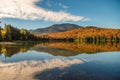 A lake reflection in morning light during peak fall color Royalty Free Stock Photo