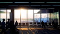 Morning light shines in the airport with silhouette of passengers