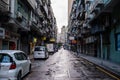 China, Macao street front photo in the morning of old buildings in one of the tidiest areas in Macao. front perspective photo