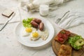 morning meal concept, table with milk with eggs and nutritious sandwichs Royalty Free Stock Photo