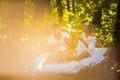 Morning meal at nature. Young couple. Royalty Free Stock Photo