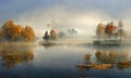 Morning mist at lake autumn landscape , digital illustration