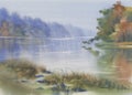 Morning mist by the lake in autumn watercolor background Royalty Free Stock Photo