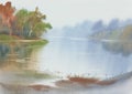 Morning mist by the lake in autumn watercolor background