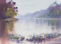 Morning mist by the lake with ships in autumn watercolor background Royalty Free Stock Photo