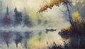 Morning mist over a boat on a tree lined lake impressionist oil painting style landscape Generative AI Royalty Free Stock Photo