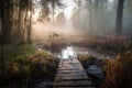morning mist over duckboards path in forest Royalty Free Stock Photo