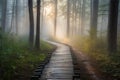 morning mist over duckboards path in forest Royalty Free Stock Photo