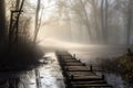 morning mist over duckboards path in forest Royalty Free Stock Photo