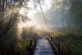 morning mist over duckboards path in forest Royalty Free Stock Photo