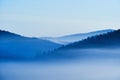 Morning mist over hill landscape in the Beskids, Poland. Blue, cold morning in the forest Royalty Free Stock Photo