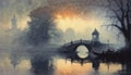 Morning mist over a river with a bridge and spire in the distance impressionist oil painting style landscape Generative AI