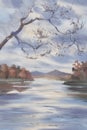 Morning Mist By The River In Autumn Watercolor Background