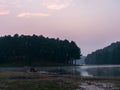 Morning mist twilight before sunrise on a calm tropical mountain lake in Pang Ung , Mae Hong Son province,Thailand Royalty Free Stock Photo