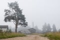 Morning misty rural landscape. A view of a deserted dirt road, a small wooden building with a chimney, trees and piles of logs