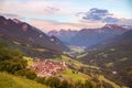 Morning mood in the prattigau alps, view to Saas village and swiss mountains