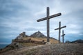 Morning mountain landscape. Sudak Calvary is a mountain with crosses. The city of Sudak. Crimea.