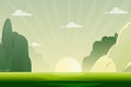 morning nature landscape with sunrise vector illustration.Green nature scene with hills and sky