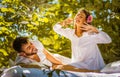 Morning in nature. Young couple. Royalty Free Stock Photo