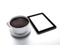 Morning news. Coffee cup with tablet pc on white isolated background