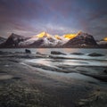 Morning - Northern winter sea landscape with dramatic sky and mountains Royalty Free Stock Photo