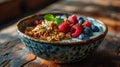 Morning Nourishment: A Culinary Masterpiece Unfolds in a Close-Up of a Yogurt Bowl with Mixed Berries