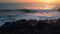 Morning ocean splashing cliffside nature closeup. Big waves crash volcanic rocks Royalty Free Stock Photo