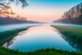 Morning over a blue bank of a wild river.