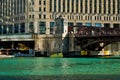 Morning over the Chicago River with view of Wells Street bridge. Royalty Free Stock Photo