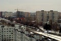 Morning panorama of the city of Togliatti overlooking residential areas and a new high-rise building under construction. Royalty Free Stock Photo