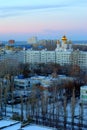 Morning panorama of the snow-covered city of Togliatti with a view of the domes of the Transfiguration Cathedral.