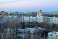 Morning panorama of the snow-covered city of Togliatti with a view of the domes of the Transfiguration Cathedral.