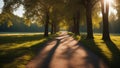 morning in the park a sunlit nature path with trees and shadows a sunny and peaceful environment Royalty Free Stock Photo